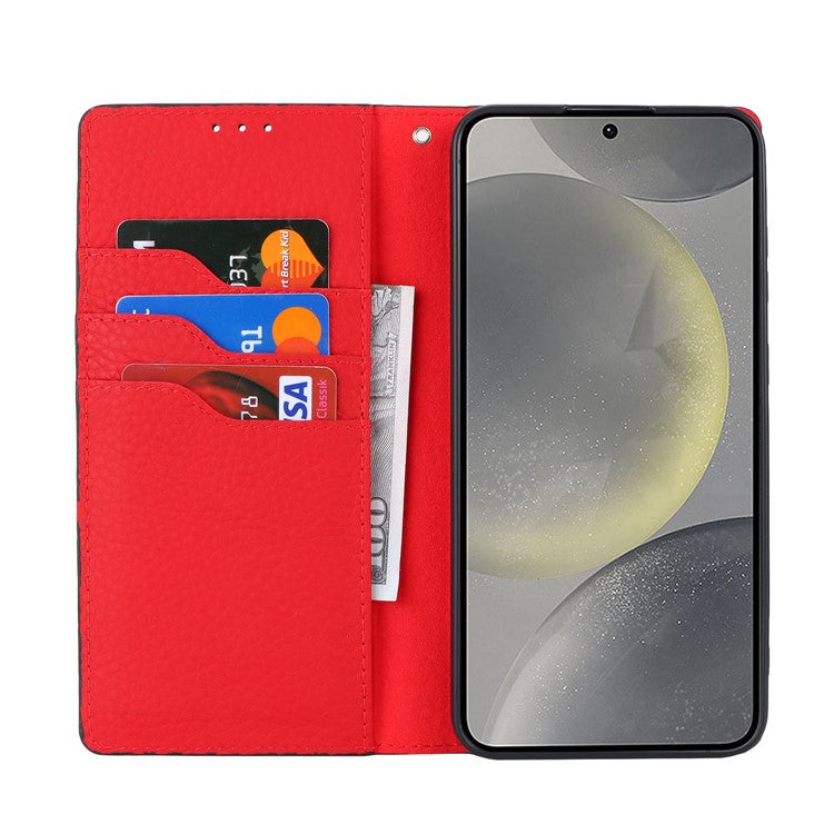 For Samsung Galaxy S24+ Wallet Case Genuine Cow Leather Phone Cover with Strap - Black