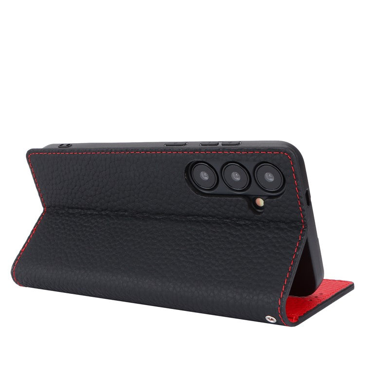 For Samsung Galaxy S24+ Wallet Case Genuine Cow Leather Phone Cover with Strap - Black