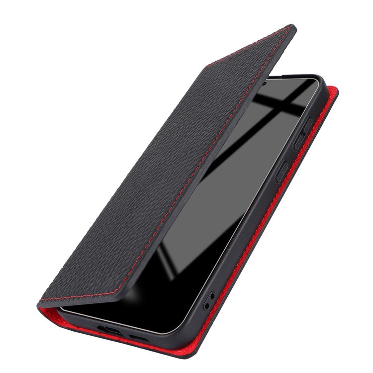 For Samsung Galaxy S24+ Wallet Case Genuine Cow Leather Phone Cover with Strap - Black