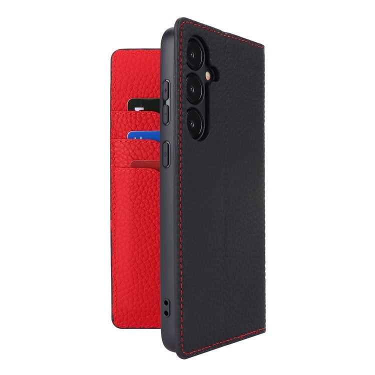 For Samsung Galaxy S24+ Wallet Case Genuine Cow Leather Phone Cover with Strap - Black