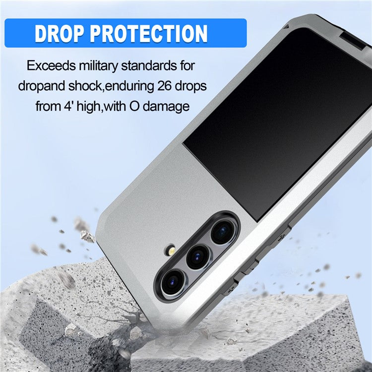 For Samsung Galaxy S24+ Case Silicone+Metal Anti-drop Phone Cover with Tempered Glass Film - Silver