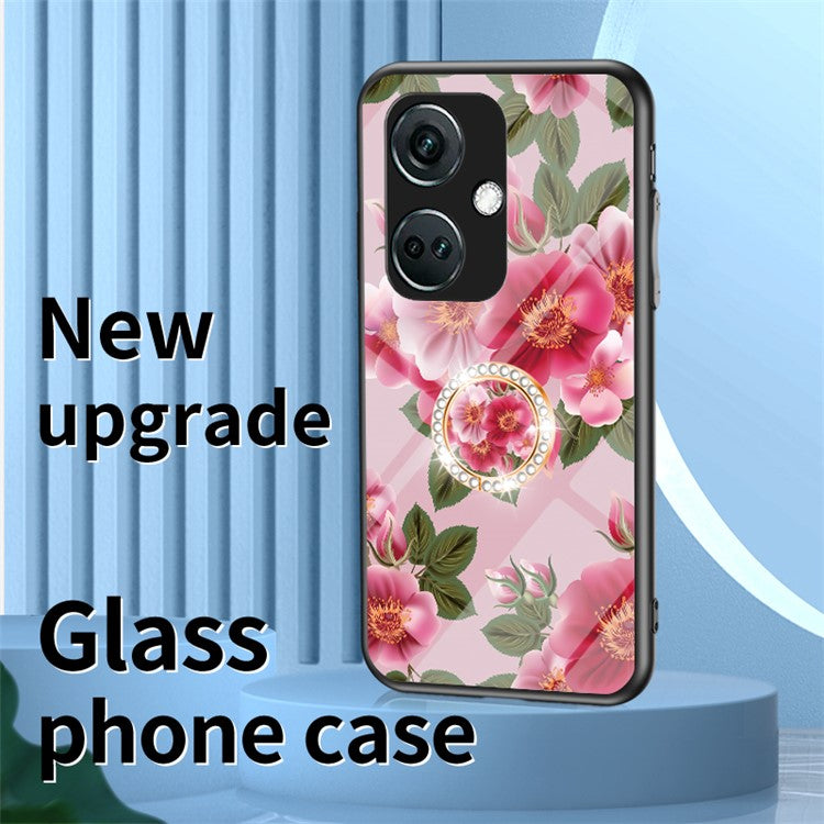 For OnePlus Nord CE3 5G Case Flower Pattern Tempered Glass Kickstand Phone Cover - Glamorous Peony