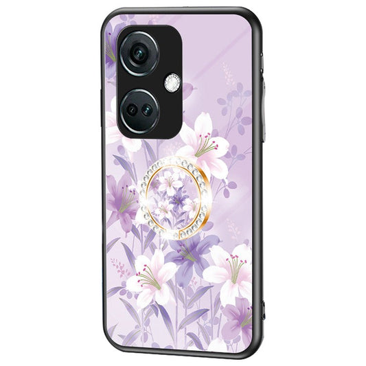 For OnePlus Nord CE3 5G Case Flower Pattern Tempered Glass Kickstand Phone Cover - Purple Magnolia