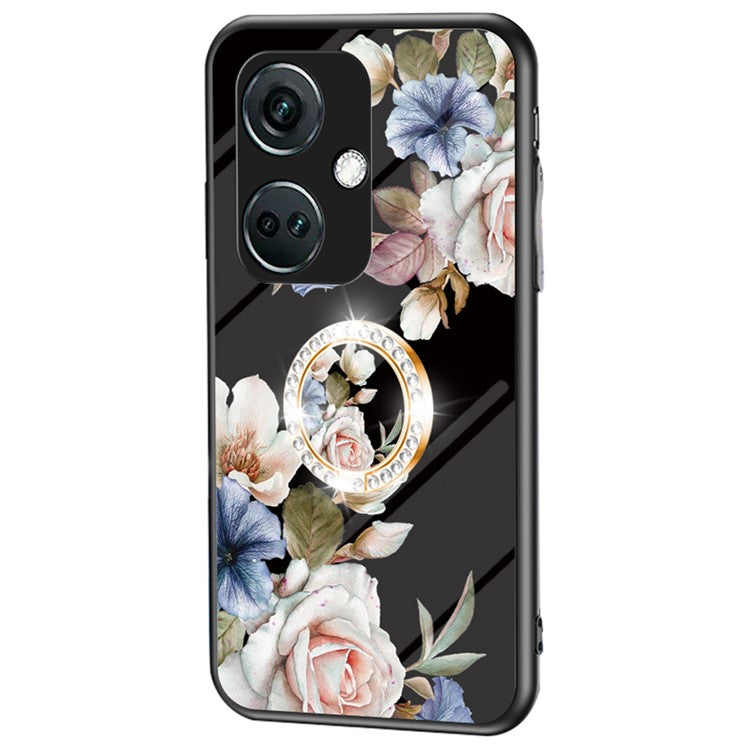 For OnePlus Nord CE3 5G Case Flower Pattern Tempered Glass Kickstand Phone Cover - Black Flower Bush