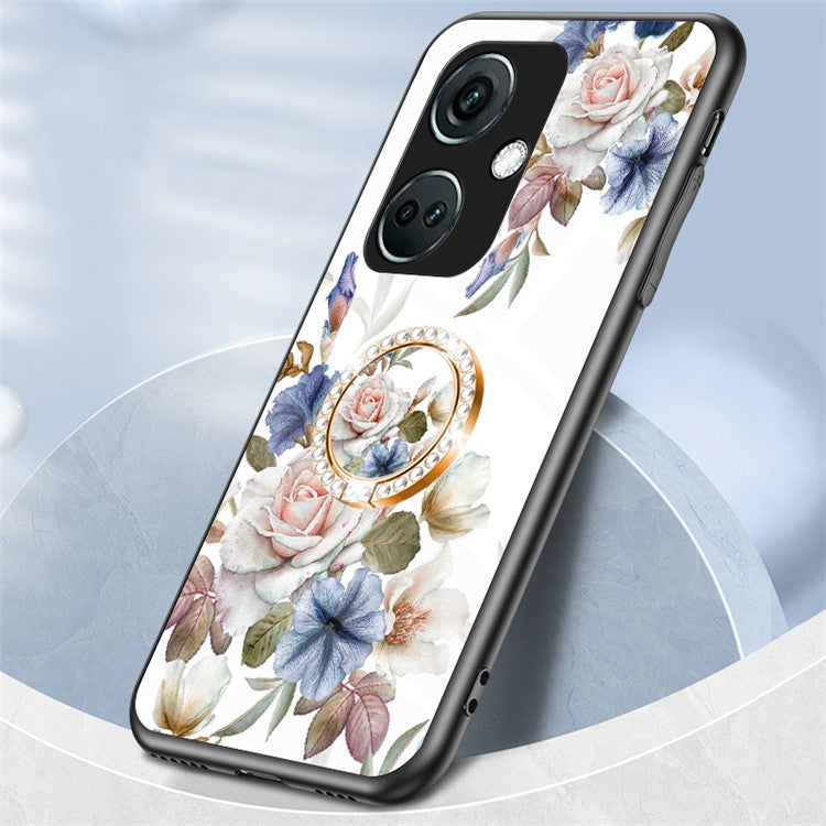 For OnePlus Nord CE3 5G Case Flower Pattern Tempered Glass Kickstand Phone Cover - Black Flower Bush