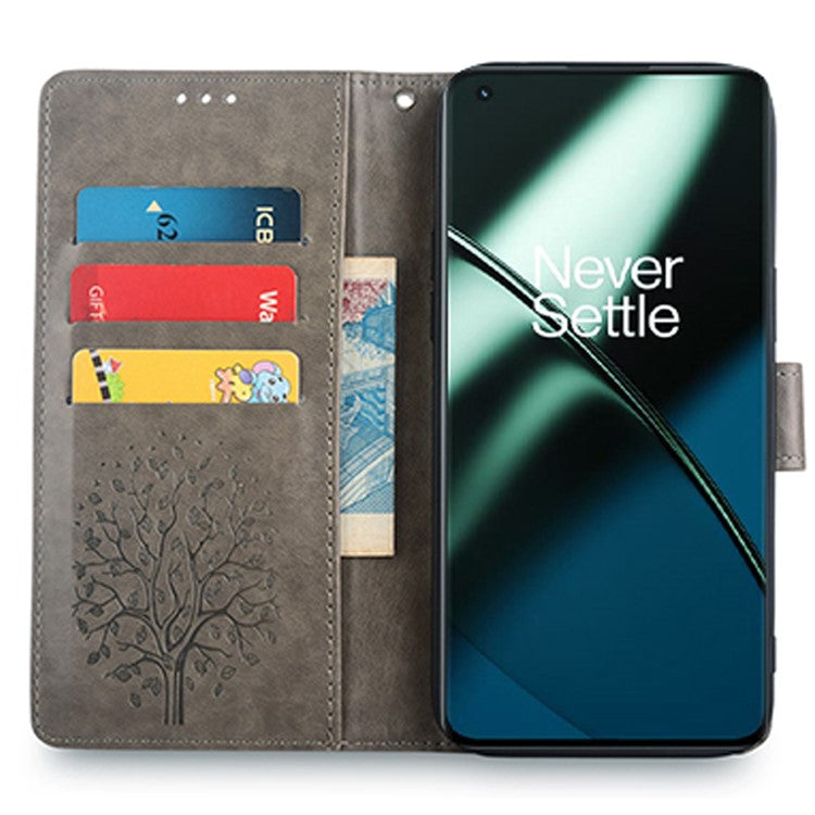 For OnePlus 11 5G Case Imprinted Deer Tree Pattern Card Holder Smart Phone Cover - Grey