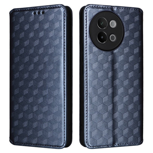 For vivo S18e 5G Leather Case Magnetic Closure Phone Cover Rhombus Pattern - Blue