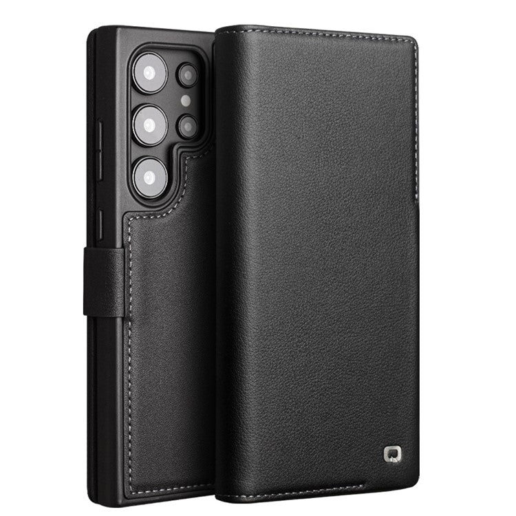 QIALINO For Samsung Galaxy S24 Ultra Case Genuine Cow Leather Flip Stand Phone Protector - Black