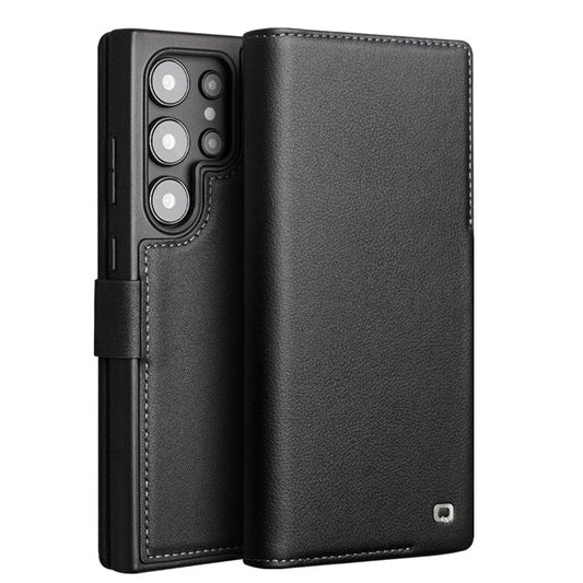 QIALINO For Samsung Galaxy S24 Ultra Case Genuine Cow Leather Flip Stand Phone Protector - Black