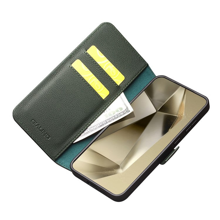 QIALINO For Samsung Galaxy S24+ Magnetic Case Genuine Cow Leather+TPU Anti-drop Cover - Green