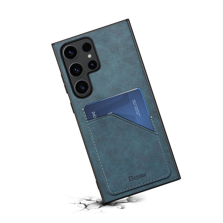 DENIOR For Samsung Galaxy S23 Ultra Case PU Leather Coated PC+TPU Dual Card Holders Phone Cover - Blue