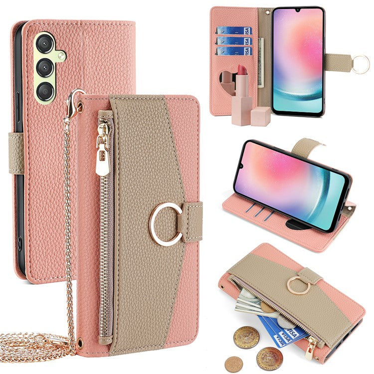 For Samsung Galaxy A24 4G (162.1 x 77.6 x 8.3mm) Case Crossbody PU Leather Cell Phone Cover - Pink