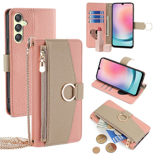 For Samsung Galaxy A24 4G (162.1 x 77.6 x 8.3mm) Case Crossbody PU Leather Cell Phone Cover - Pink