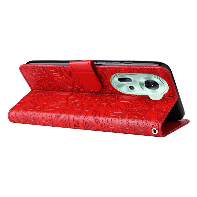 Wallet Case for Oppo Reno11 5G (Global) Phone Shell Imprinted Sunflower Pattern Anti-fall Cover - Red