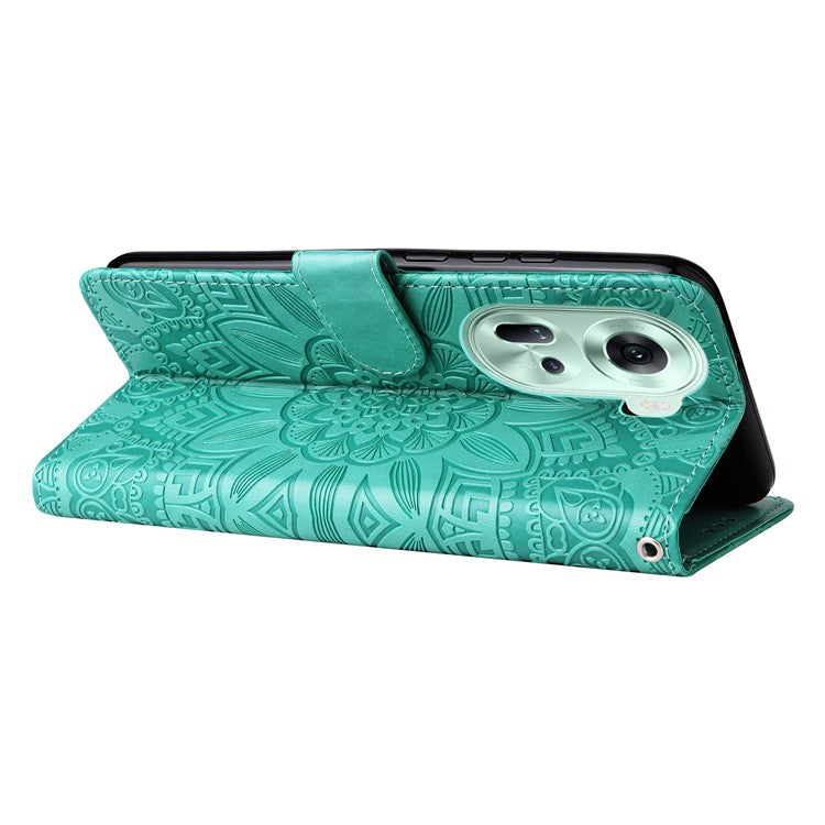 Wallet Case for Oppo Reno11 5G (Global) Phone Shell Imprinted Sunflower Pattern Anti-fall Cover - Green