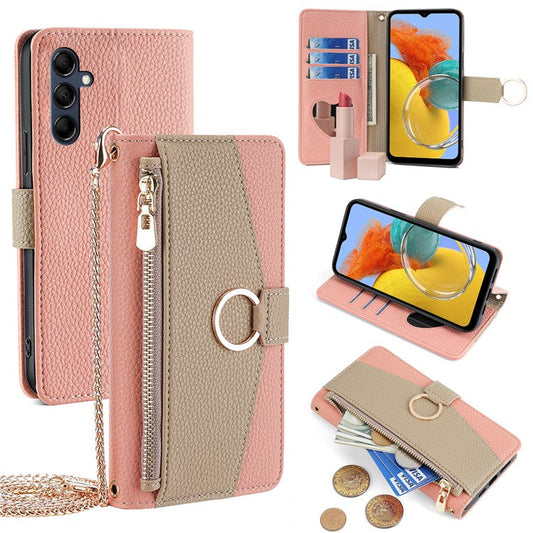For Samsung Galaxy M14 5G Crossbody Phone Case PU Leather Zipper Stand Flip Cover - Pink