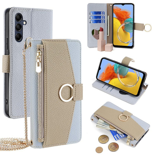 For Samsung Galaxy M14 5G Crossbody Phone Case PU Leather Zipper Stand Flip Cover - Blue