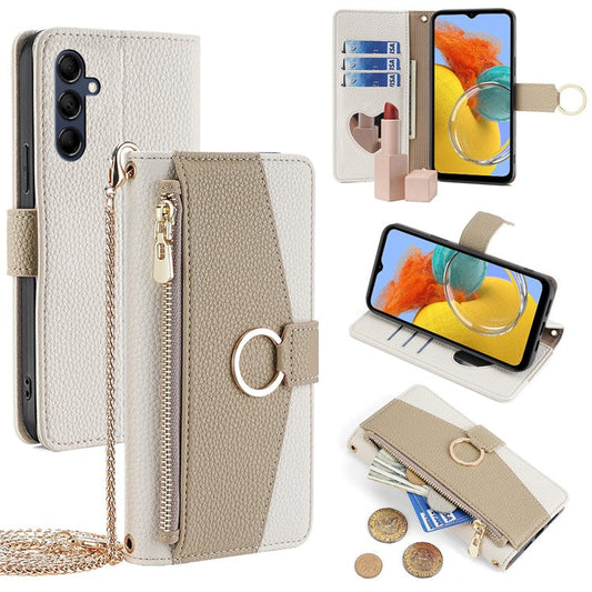 For Samsung Galaxy M14 5G Crossbody Phone Case PU Leather Zipper Stand Flip Cover - White