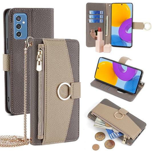 For Samsung Galaxy M52 5G Wallet Case Makeup Mirror Inside Crossbody PU Leather Phone Cover - Grey