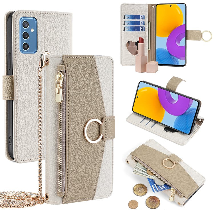 For Samsung Galaxy M52 5G Wallet Case Makeup Mirror Inside Crossbody PU Leather Phone Cover - White