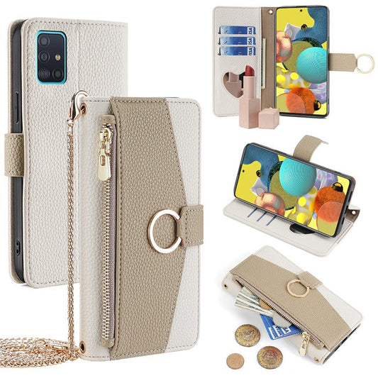 For Samsung Galaxy A51 5G SM-A516 Wallet Case Zipper PU Leather Crossbody Phone Cover - White