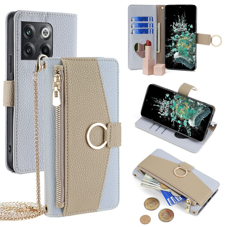 For OnePlus 10T 5G Case Zipper Wallet Mirror Leather Phone Bag Cover with Chain Strap - Blue
