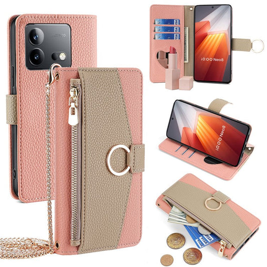 For vivo iQOO Neo8 5G  /  Neo8 Pro 5G Case Phone Bag PU Leather Wallet Stand Cover with Mirror - Pink