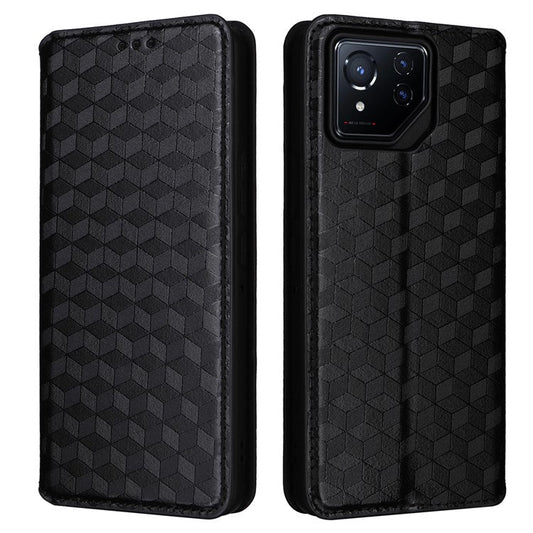 For Asus ROG Phone 8 5G / ROG Phone 8 Pro 5G Case Rhombus Imprinted Stand View Phone Cover - Black