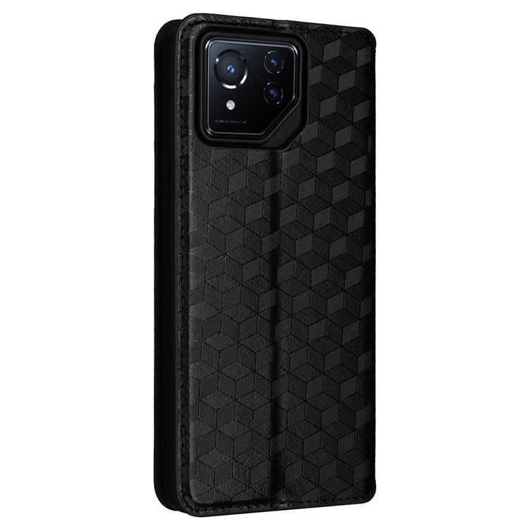 For Asus ROG Phone 8 5G / ROG Phone 8 Pro 5G Case Rhombus Imprinted Stand View Phone Cover - Black