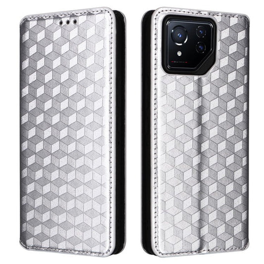 For Asus ROG Phone 8 5G / ROG Phone 8 Pro 5G Case Rhombus Imprinted Stand View Phone Cover - Silver