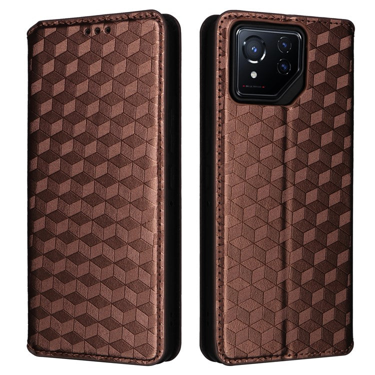For Asus ROG Phone 8 5G / ROG Phone 8 Pro 5G Case Rhombus Imprinted Stand View Phone Cover - Brown