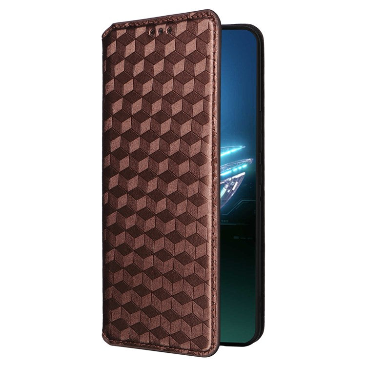 For Asus ROG Phone 8 5G / ROG Phone 8 Pro 5G Case Rhombus Imprinted Stand View Phone Cover - Brown