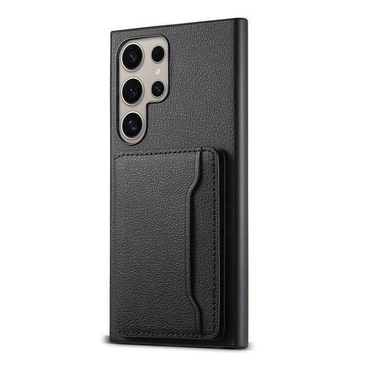 For Samsung Galaxy S24 Ultra Case Card Slots Kickstand Phone Cover Calf Texture - Black