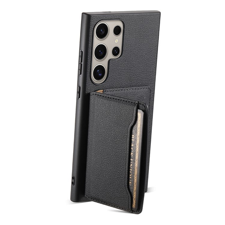 For Samsung Galaxy S24 Ultra Case Card Slots Kickstand Phone Cover Calf Texture - Black
