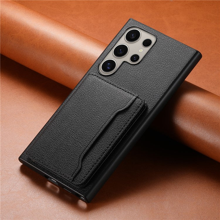 For Samsung Galaxy S24 Ultra Case Card Slots Kickstand Phone Cover Calf Texture - Black