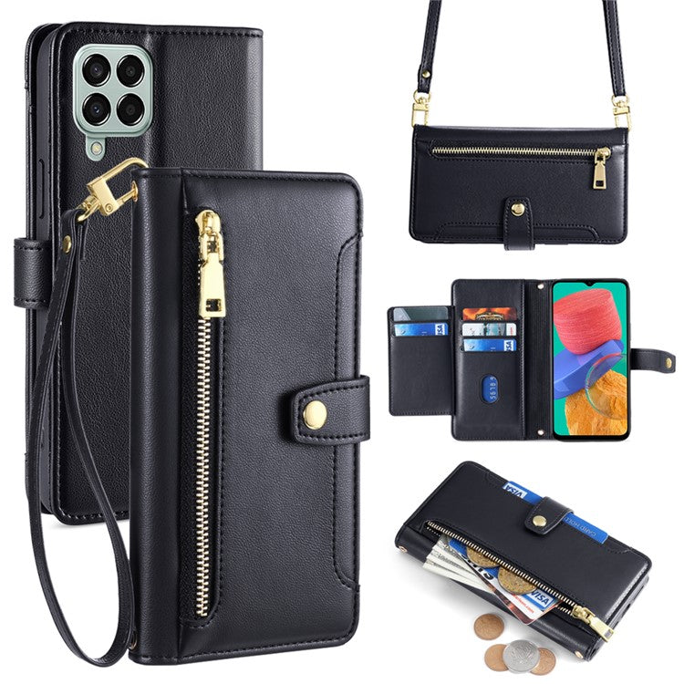 For Samsung Galaxy M33 5G (Global Version) Cell Phone Case Textured Leather Stand Cover with 2 Straps - Black