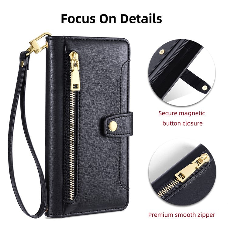 For Samsung Galaxy M33 5G (Global Version) Cell Phone Case Textured Leather Stand Cover with 2 Straps - Black