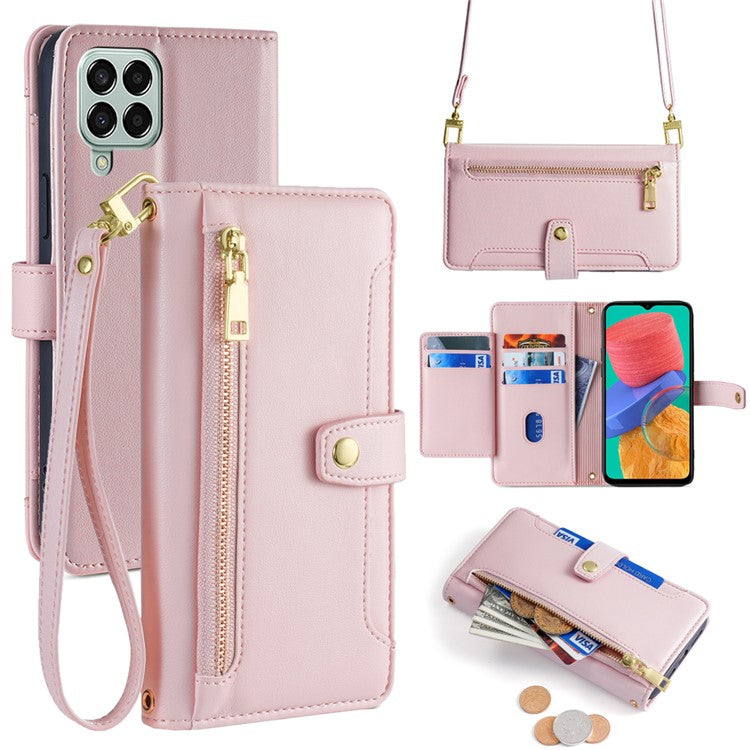 For Samsung Galaxy M33 5G (Global Version) Cell Phone Case Textured Leather Stand Cover with 2 Straps - Pink
