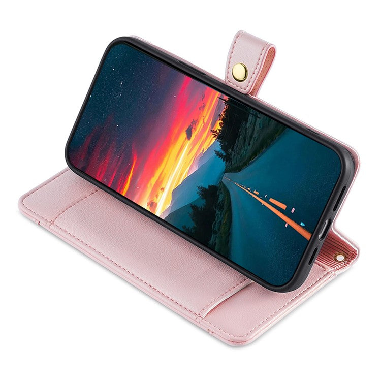 For Samsung Galaxy M33 5G (Global Version) Cell Phone Case Textured Leather Stand Cover with 2 Straps - Pink