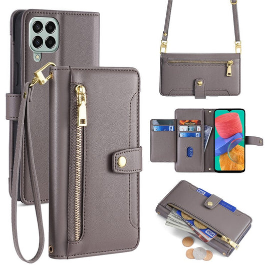 For Samsung Galaxy M33 5G (Global Version) Cell Phone Case Textured Leather Stand Cover with 2 Straps - Grey