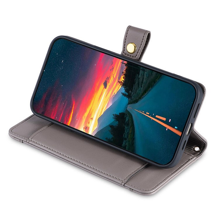For Samsung Galaxy M33 5G (Global Version) Cell Phone Case Textured Leather Stand Cover with 2 Straps - Grey