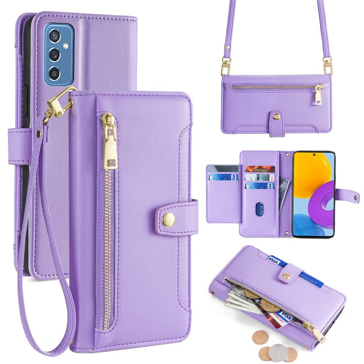 For Samsung Galaxy M52 5G Cell Phone Case Zipper Pocket Drop-proof Leather Wallet Stand Cover - Purple