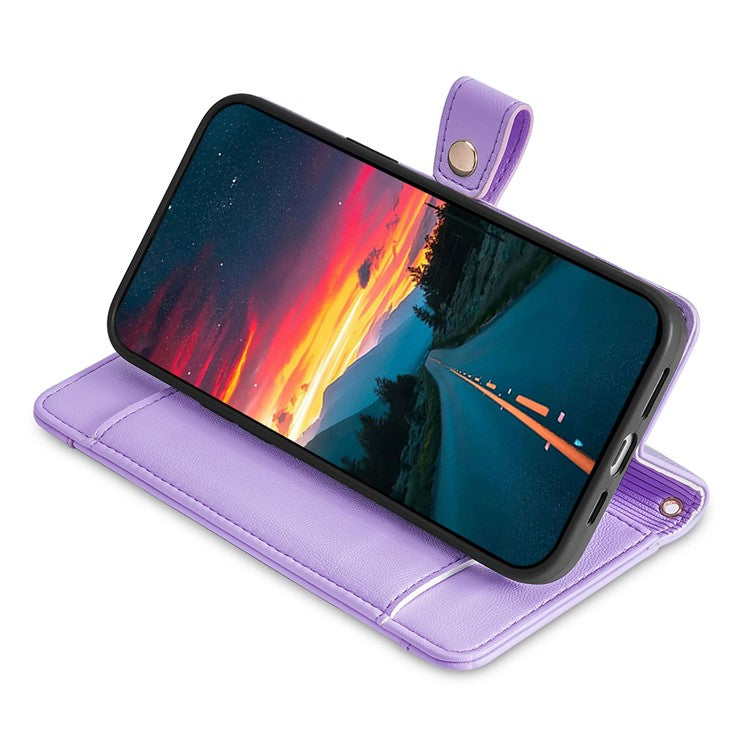 For Samsung Galaxy M52 5G Cell Phone Case Zipper Pocket Drop-proof Leather Wallet Stand Cover - Purple