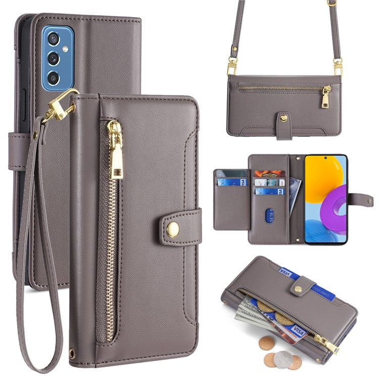 For Samsung Galaxy M52 5G Cell Phone Case Zipper Pocket Drop-proof Leather Wallet Stand Cover - Grey