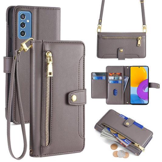 For Samsung Galaxy M52 5G Cell Phone Case Zipper Pocket Drop-proof Leather Wallet Stand Cover - Grey