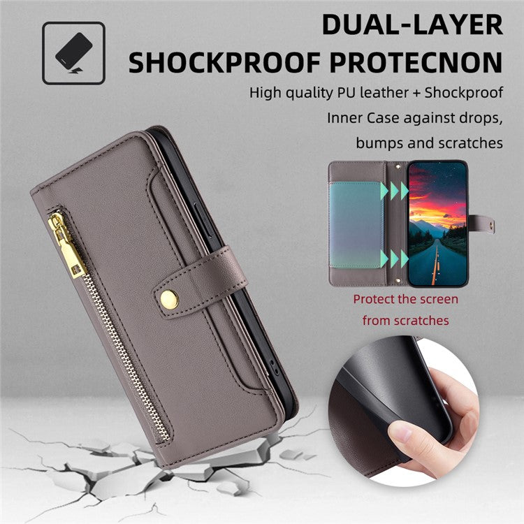 For Samsung Galaxy M52 5G Cell Phone Case Zipper Pocket Drop-proof Leather Wallet Stand Cover - Grey