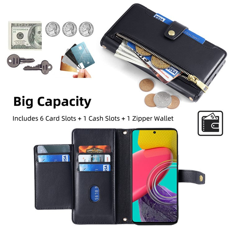 For Samsung Galaxy M53 5G Wallet Case Zipper Pocket Leather Anti-fall Phone Cover - Black
