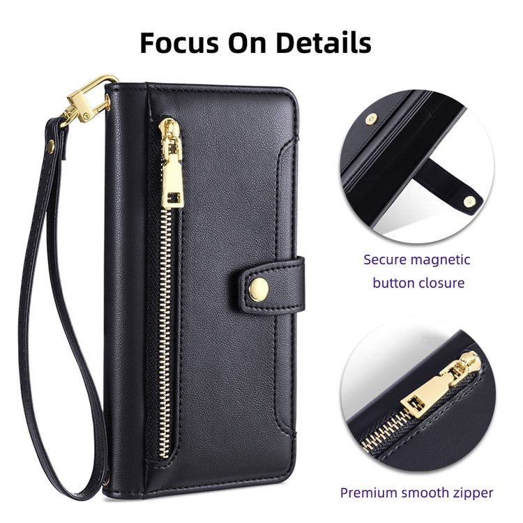 For Samsung Galaxy M53 5G Wallet Case Zipper Pocket Leather Anti-fall Phone Cover - Black