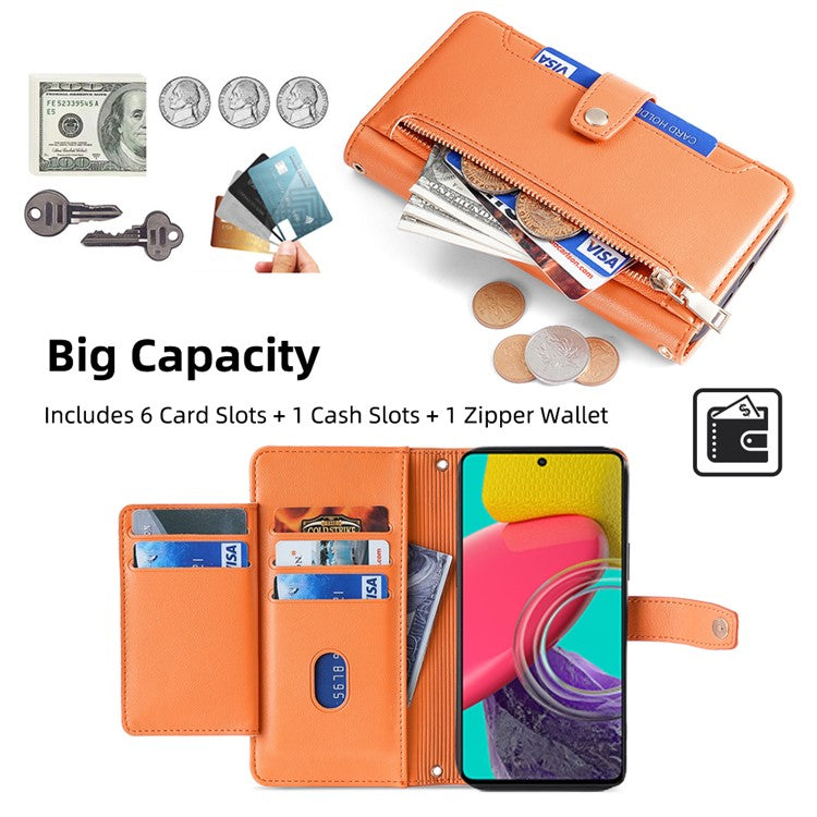 For Samsung Galaxy M53 5G Wallet Case Zipper Pocket Leather Anti-fall Phone Cover - Orange