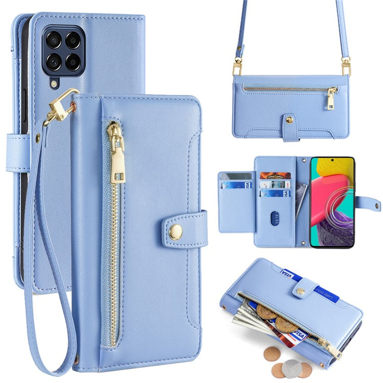 For Samsung Galaxy M53 5G Wallet Case Zipper Pocket Leather Anti-fall Phone Cover - Blue